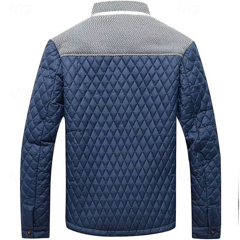 Men's brown quilted Stand-Collar Jacket with Tweed Shoulder Patches