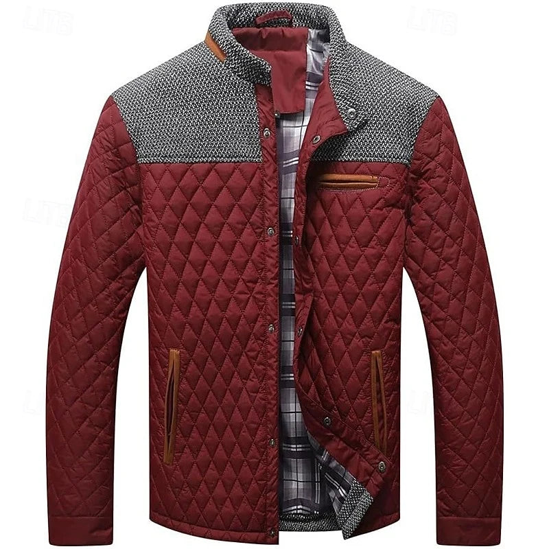 Men's brown quilted Stand-Collar Jacket with Tweed Shoulder Patches