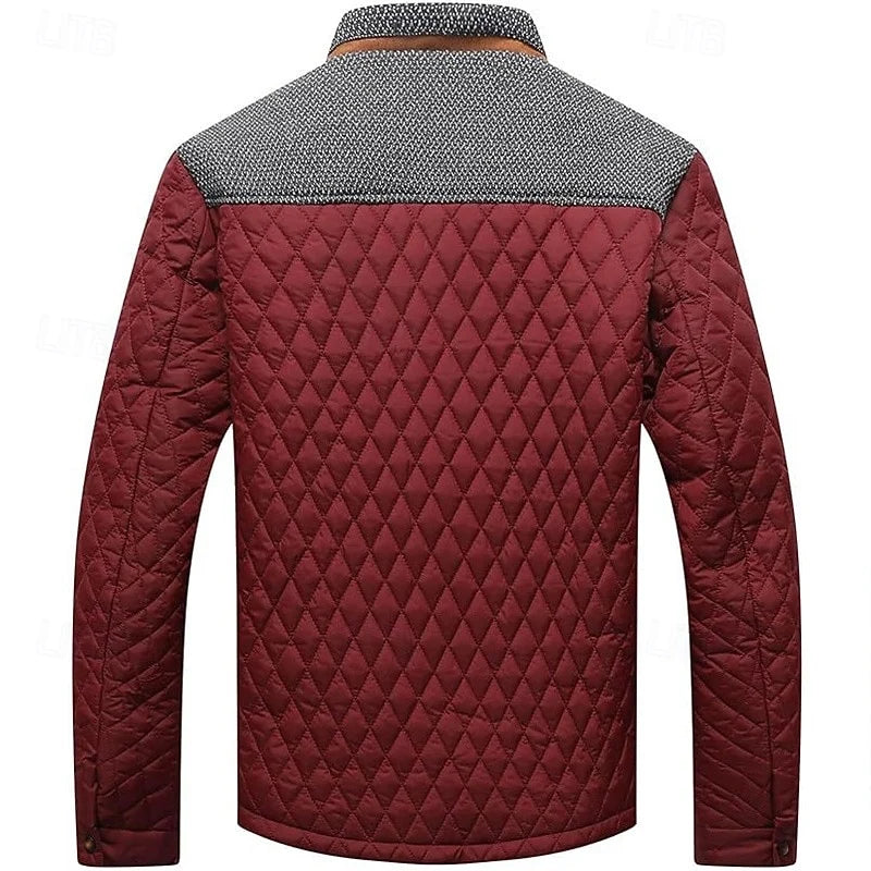 Men's brown quilted Stand-Collar Jacket with Tweed Shoulder Patches