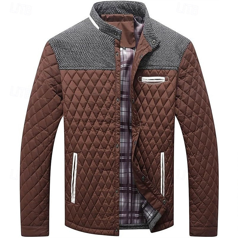 Men's brown quilted Stand-Collar Jacket with Tweed Shoulder Patches