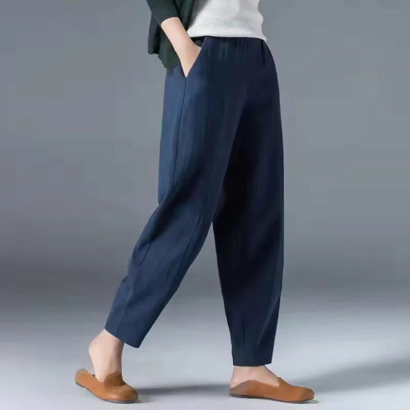 Women's dark blue tapered harem linen pants, elastic waist
