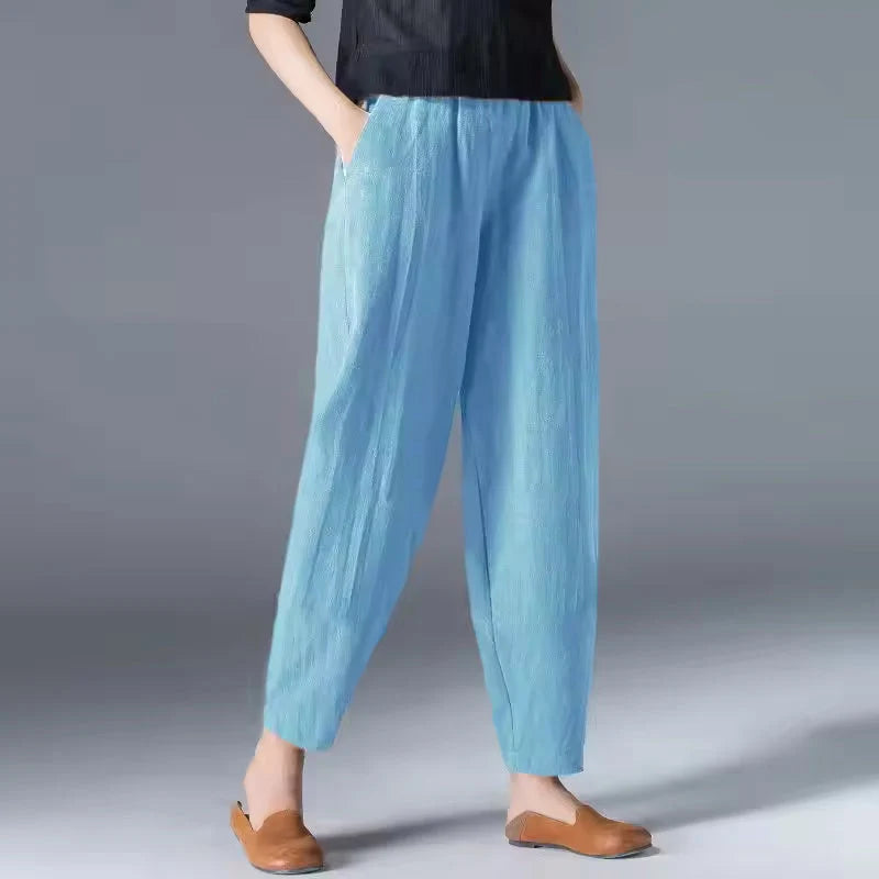 Women's sky blue tapered harem linen pants with elastic waist