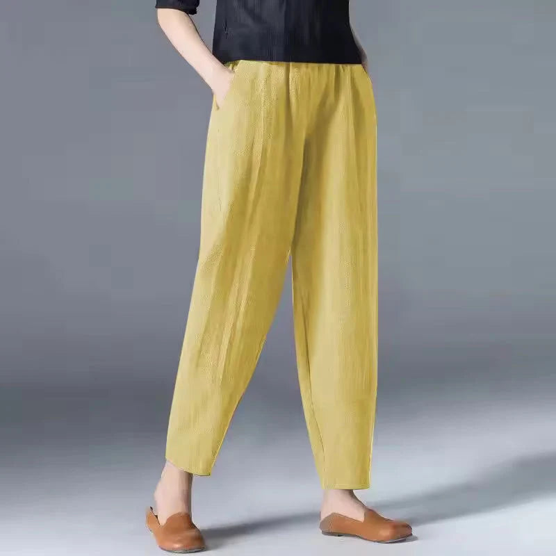 Women's yellow tapered harem linen pants with elastic waist