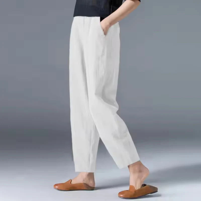 Women's white tapered harem linen pants with elastic waist