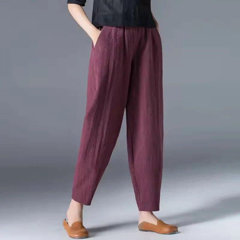 Women's burgundy tapered harem linen pants, elastic waist