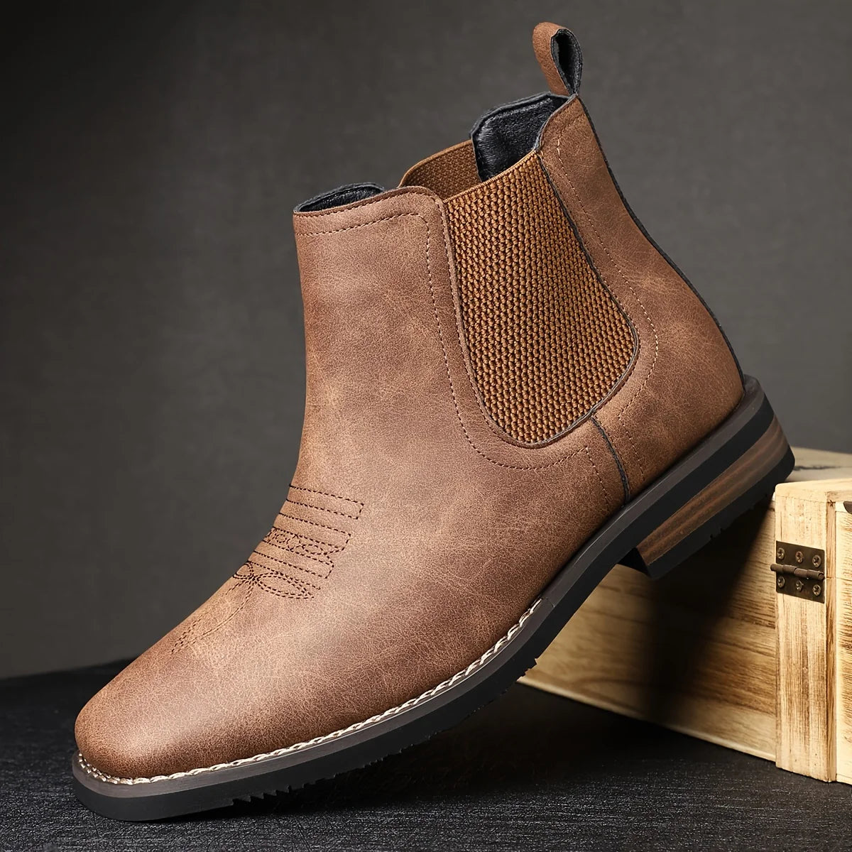 Men's brown classic pull-on chelsea boots, with stretch side panels