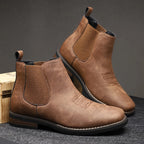 Men's brown classic pull-on chelsea boots, with stretch side panels