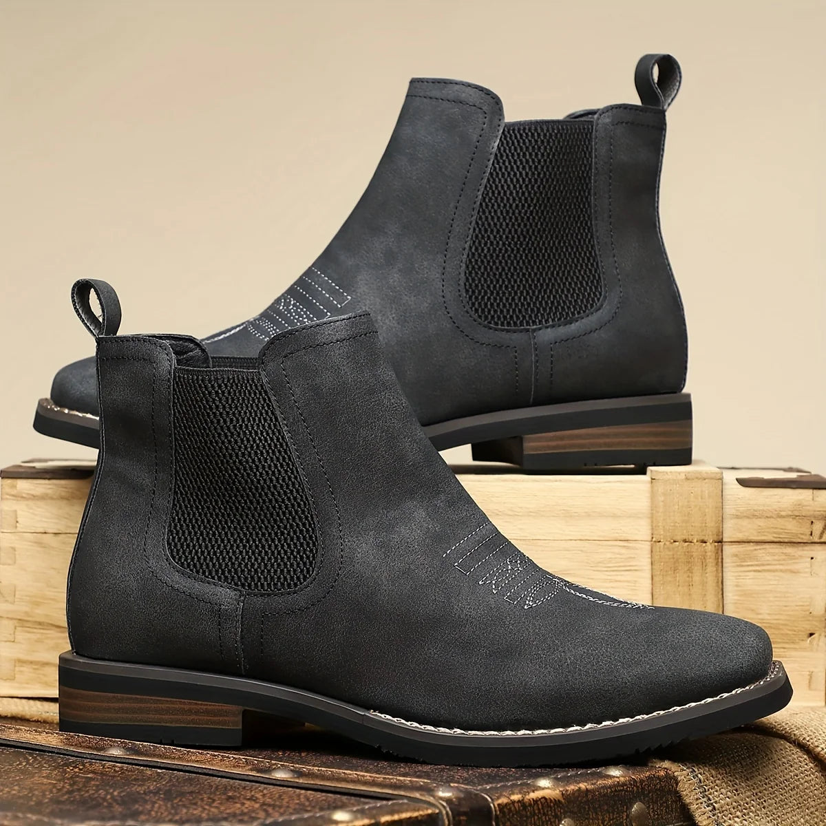 Men's brown classic pull-on chelsea boots, with stretch side panels