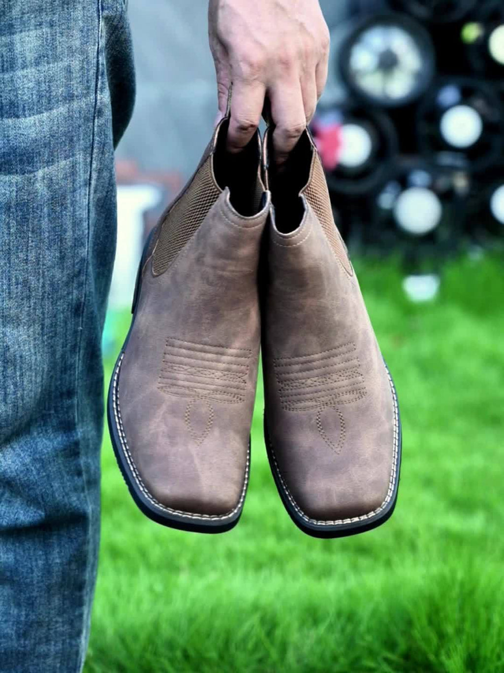 Men's brown classic pull-on chelsea boots, with stretch side panels