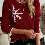 Women's burgundy snowflake intarsia crewneck knit sweater