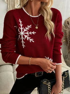 Women's burgundy snowflake intarsia crewneck knit sweater