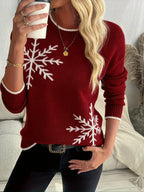 Women's burgundy snowflake intarsia crewneck knit sweater