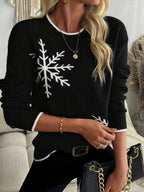 Women's black snowflake intarsia crewneck knit pullover sweater