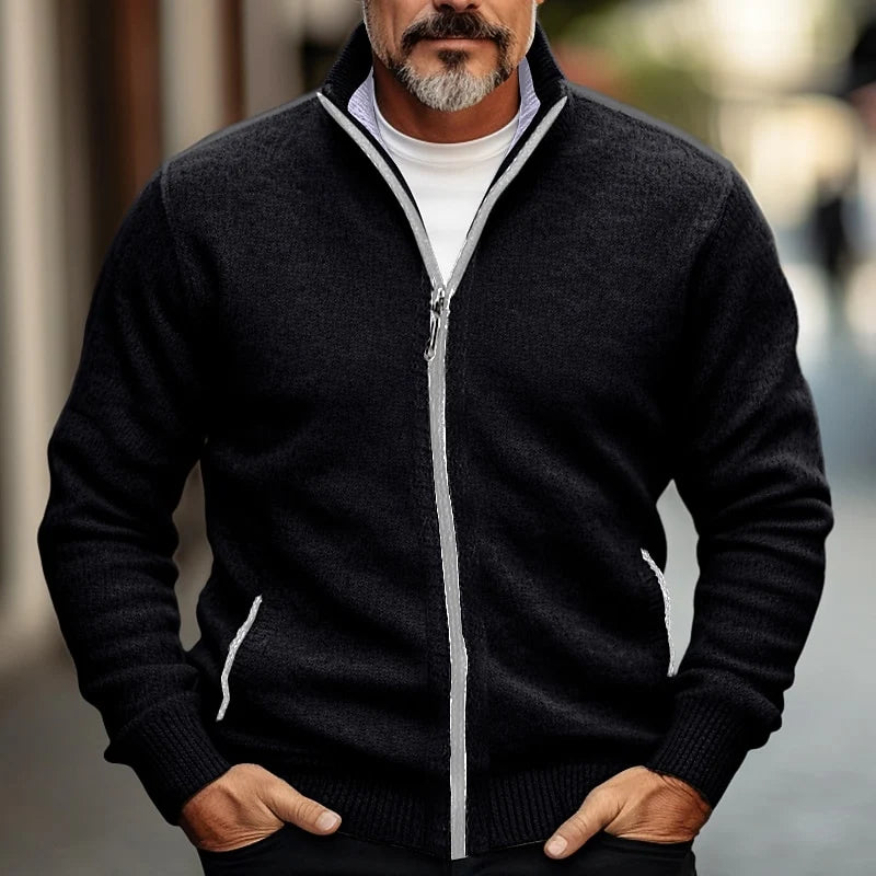 Men's black stand-collar Full-Zip Cardigan with Contrast Piping