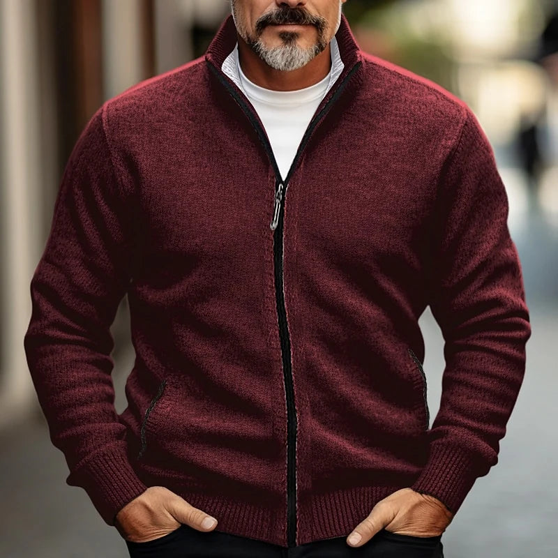 Men's red stand-collar Full-Zip Cardigan with Contrast Piping