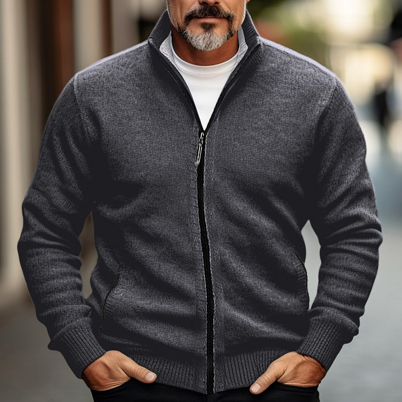 Men's dark gray stand-collar Full-Zip Cardigan with Contrast Piping