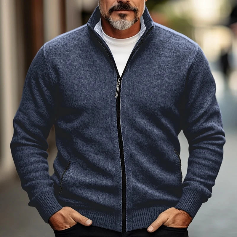Men's blue stand-collar Full-Zip Cardigan with Contrast Piping