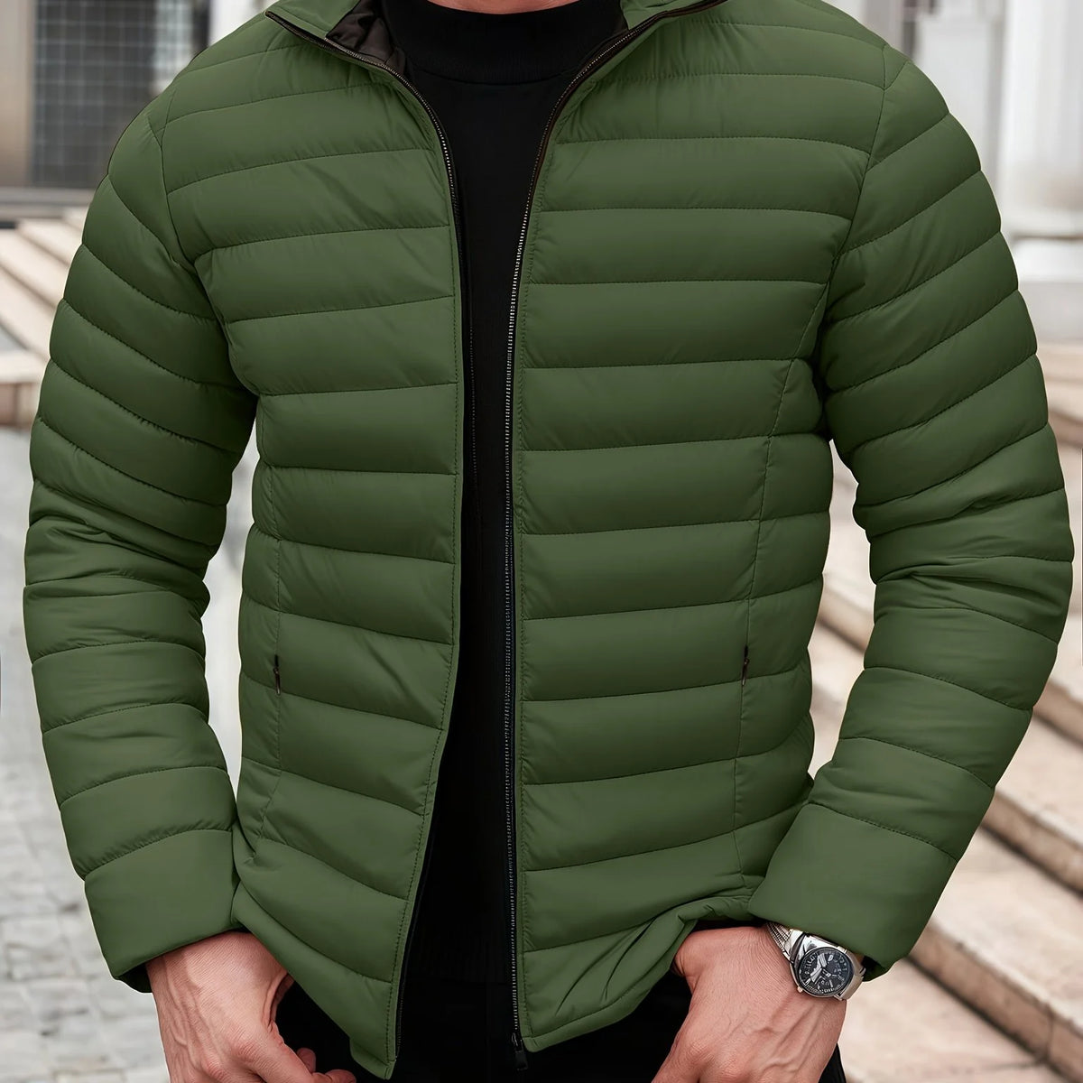 Men's green slim-Fit Lightweight Quilted Puffer Jacket for Winter