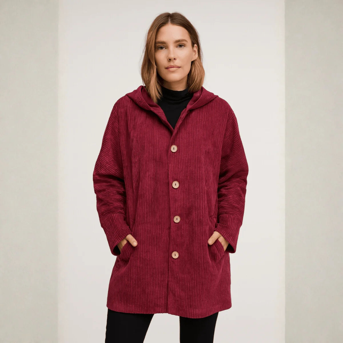 Women's red corduroy hooded jacket