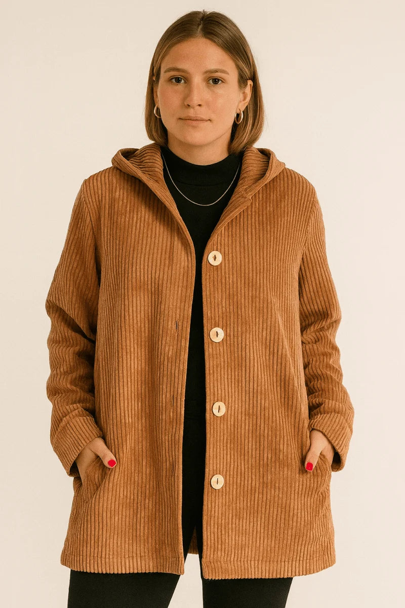 Women's brown corduroy hooded jacket