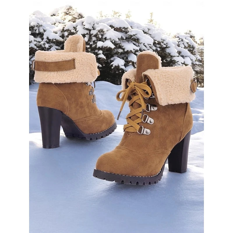 Women's dark brown fur-Trimmed Lace-Up Heeled Boots for Winter