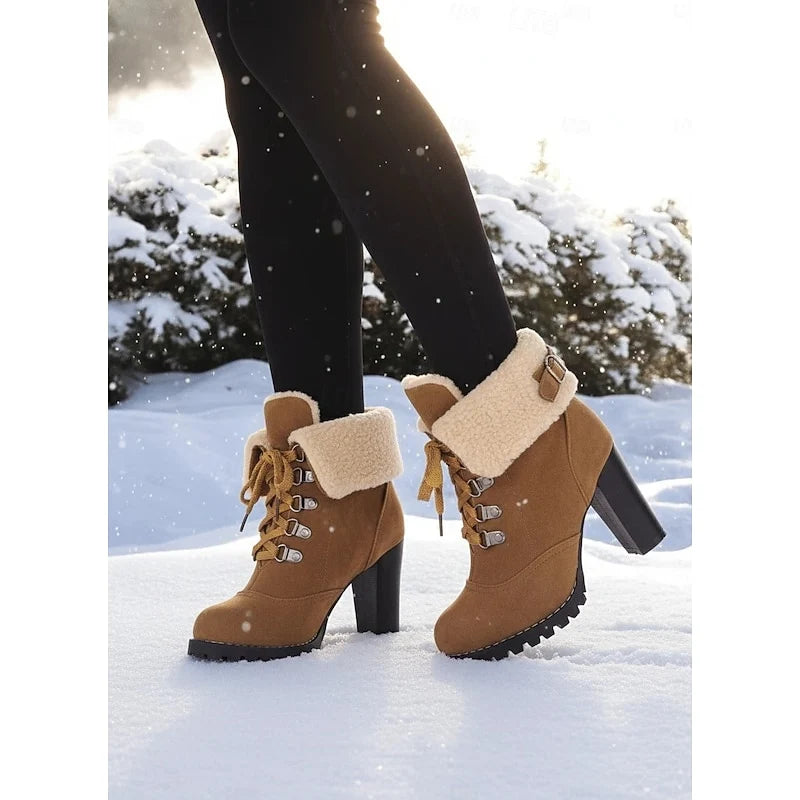 Women's black fur-Trimmed Lace-Up Heeled Boots for Winter