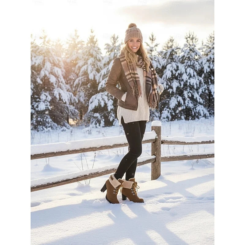 Women's black fur-Trimmed Lace-Up Heeled Boots for Winter