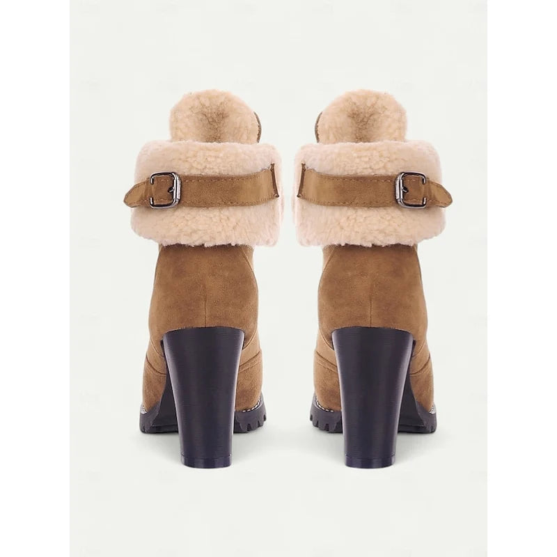 Women's black fur-Trimmed Lace-Up Heeled Boots for Winter