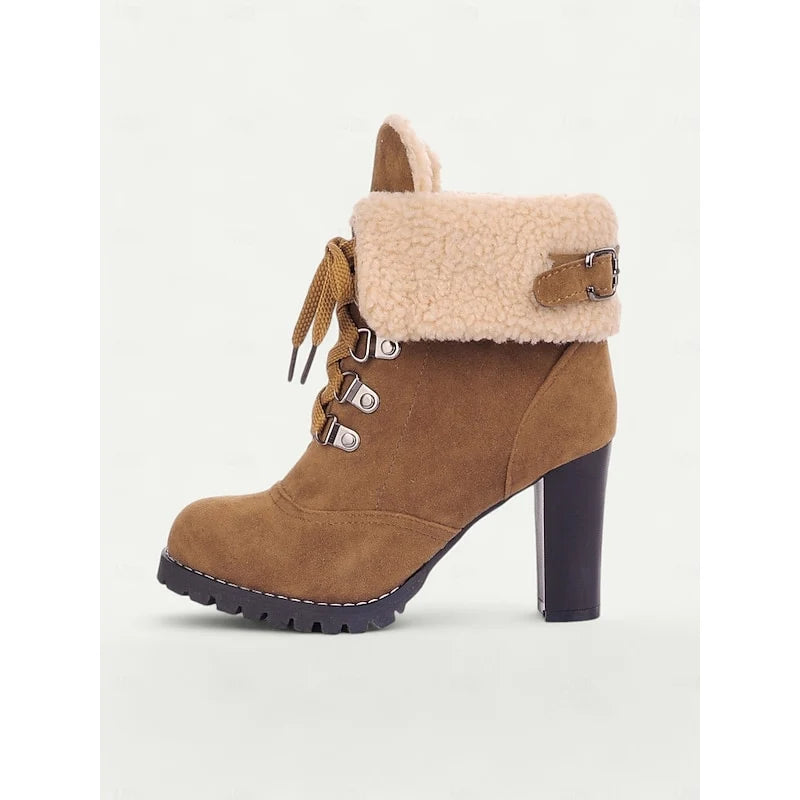 Women's black fur-Trimmed Lace-Up Heeled Boots for Winter