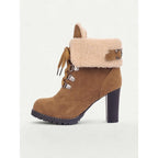 Women's black fur-Trimmed Lace-Up Heeled Boots for Winter