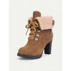 Women's black fur-Trimmed Lace-Up Heeled Boots for Winter