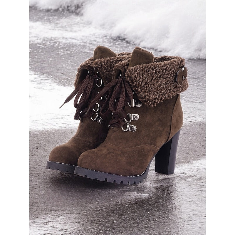 Women's black fur-Trimmed Lace-Up Heeled Boots for Winter