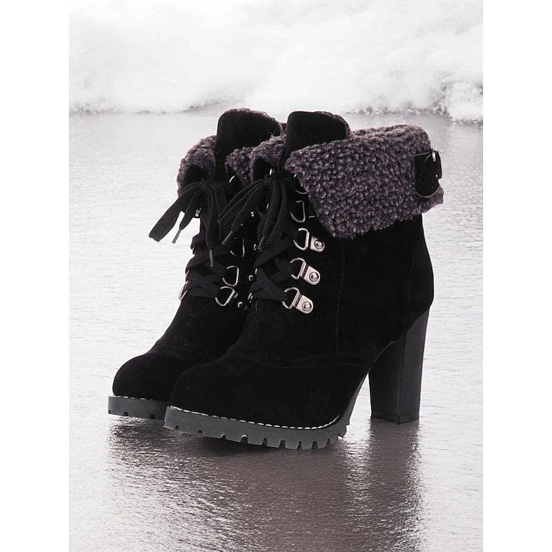 Women's black fur-Trimmed Lace-Up Heeled Boots for Winter