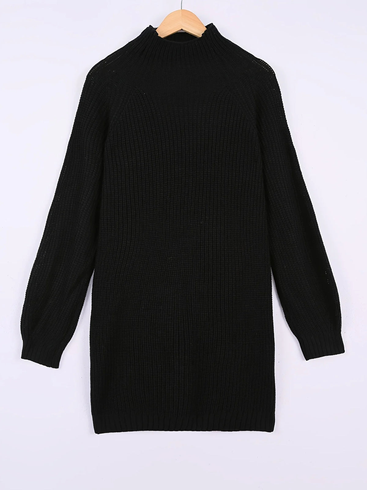 Women's black oversized ribbed plus size sweater dress, half-turtleneck