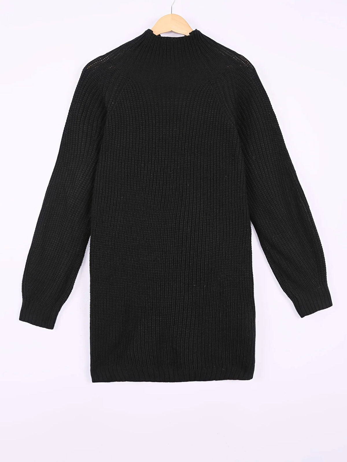 Women's black oversized ribbed plus size sweater dress, half-turtleneck