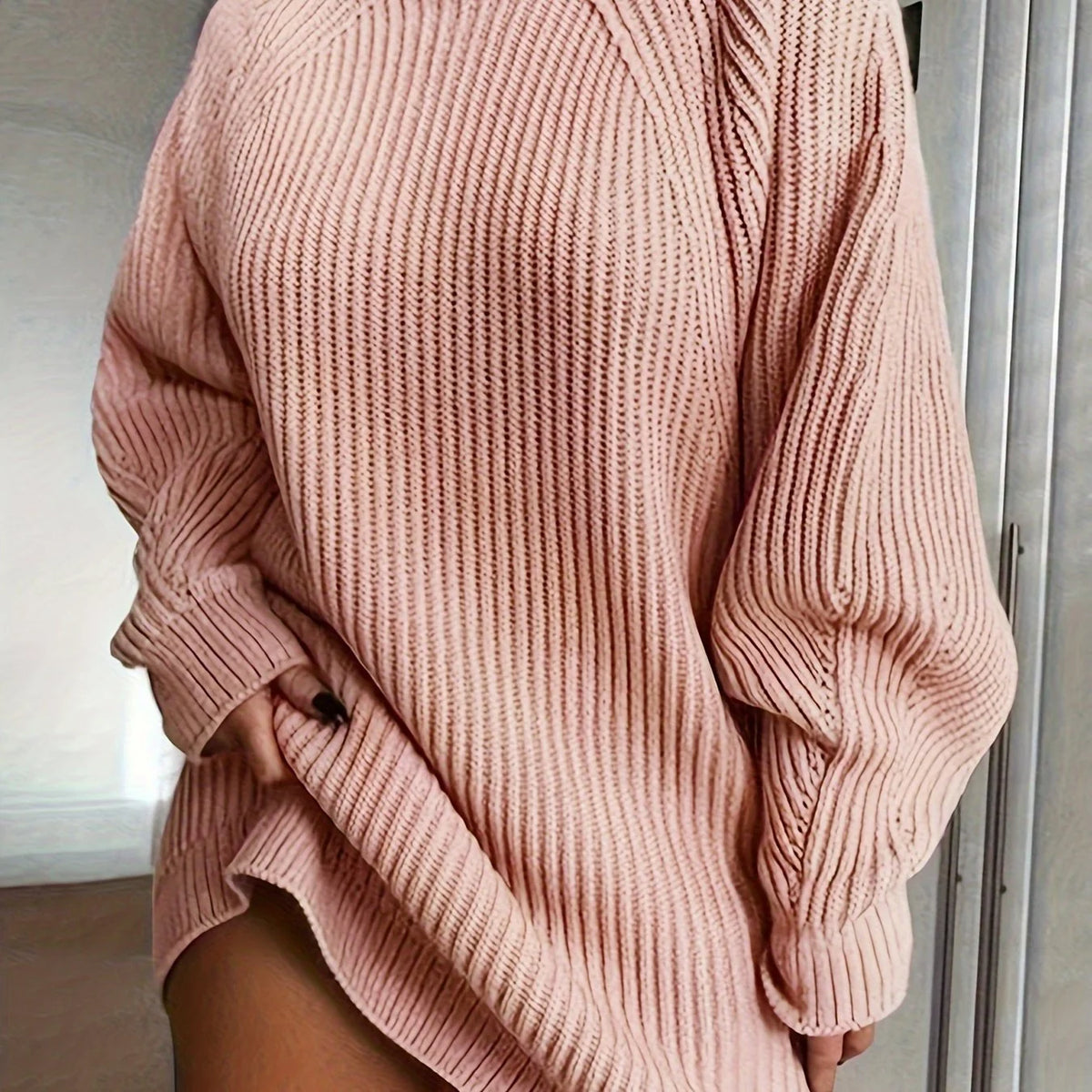 Women's pink oversized ribbed plus size sweater dress, half-turtleneck
