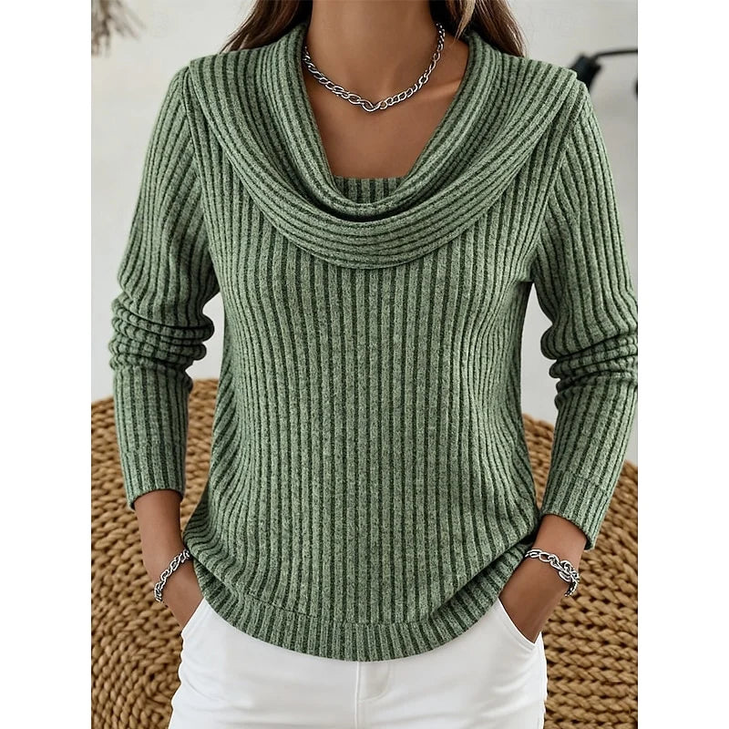 Women's green ribbed knit cowl neck top, long sleeve