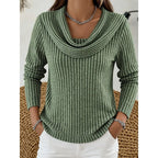 Women's green ribbed knit cowl neck top, long sleeve