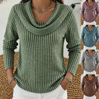 Women's green ribbed knit cowl neck top, front view