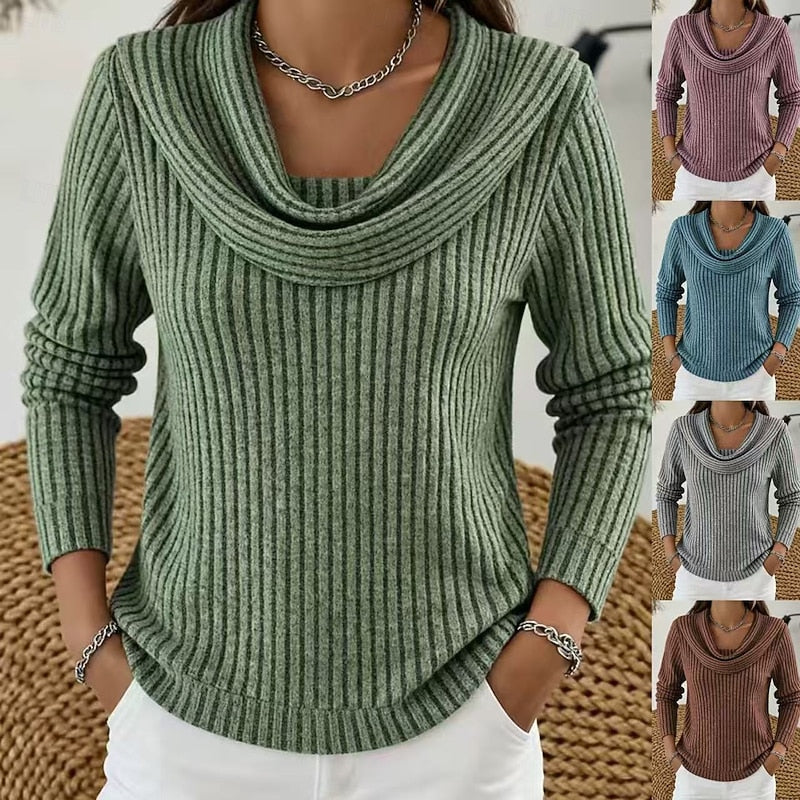 Women's green ribbed knit cowl neck top, front view