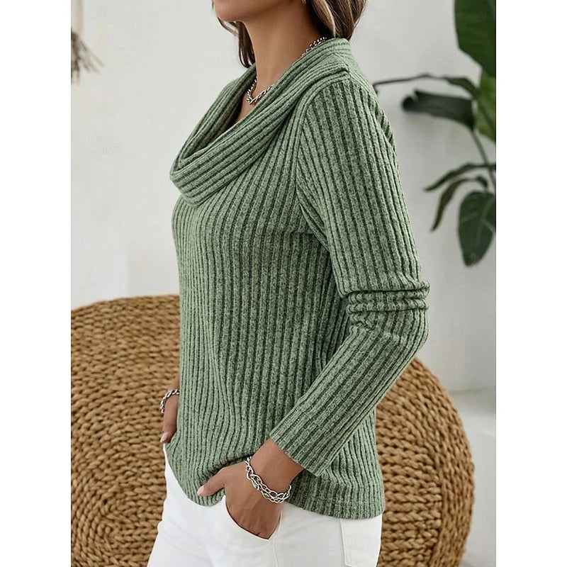 Women's green ribbed cowl neck top, side profile