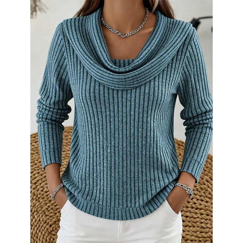 Women's peacock blue ribbed cowl neck top, long sleeve