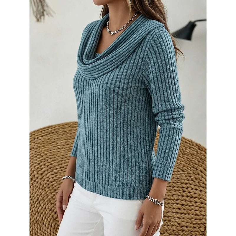 Women's peacock blue ribbed knit cowl neck top, side view