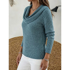Women's peacock blue ribbed knit cowl neck top, side view