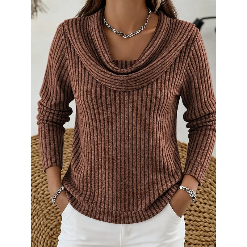 Women's dark brown ribbed cowl neck knit top