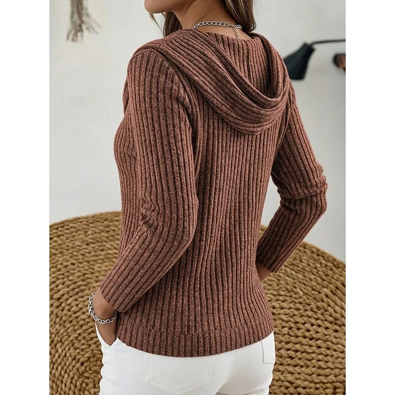 Women's dark brown ribbed cowl neck top, back view