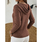 Women's dark brown ribbed cowl neck top, back view