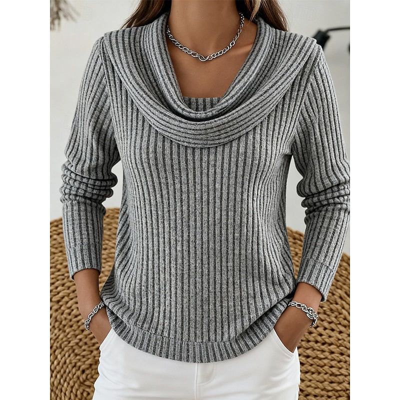 Women's gray ribbed knit cowl neck top, long sleeve