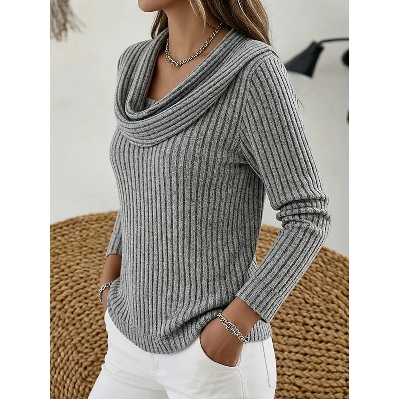 Women's gray ribbed cowl neck top, side profile