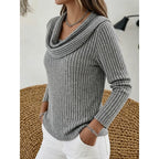 Women's gray ribbed cowl neck top, side profile